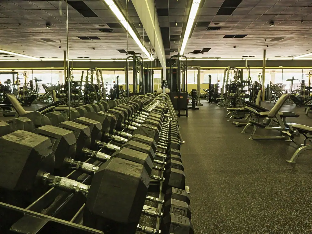 Strength training floor at Bee Fit North Cincinnati with racks, benches and free weights